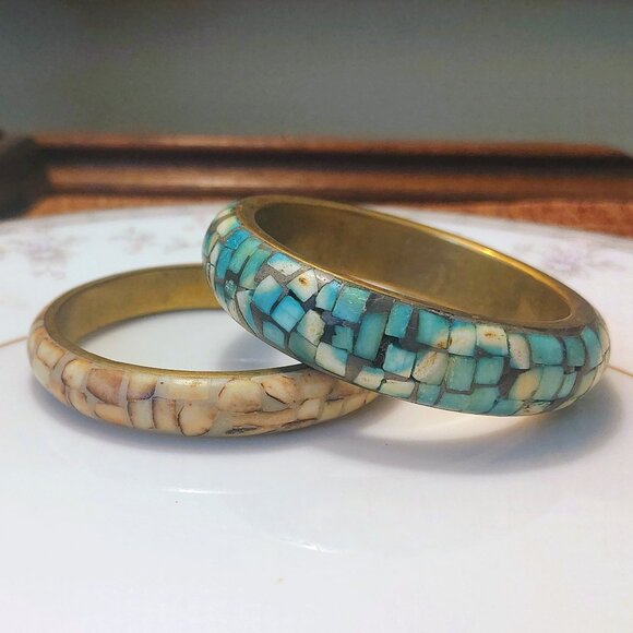 Vtg 70s Set of 2 BRASS MOSAIC Stone Chunky BANGLEs BRACELET Hippie BOHO Artisan - Picture 2 of 7